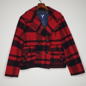 American Eagle Wool Blend Buffalo Plaid Double Breasted Pea Coat Size M Preppy